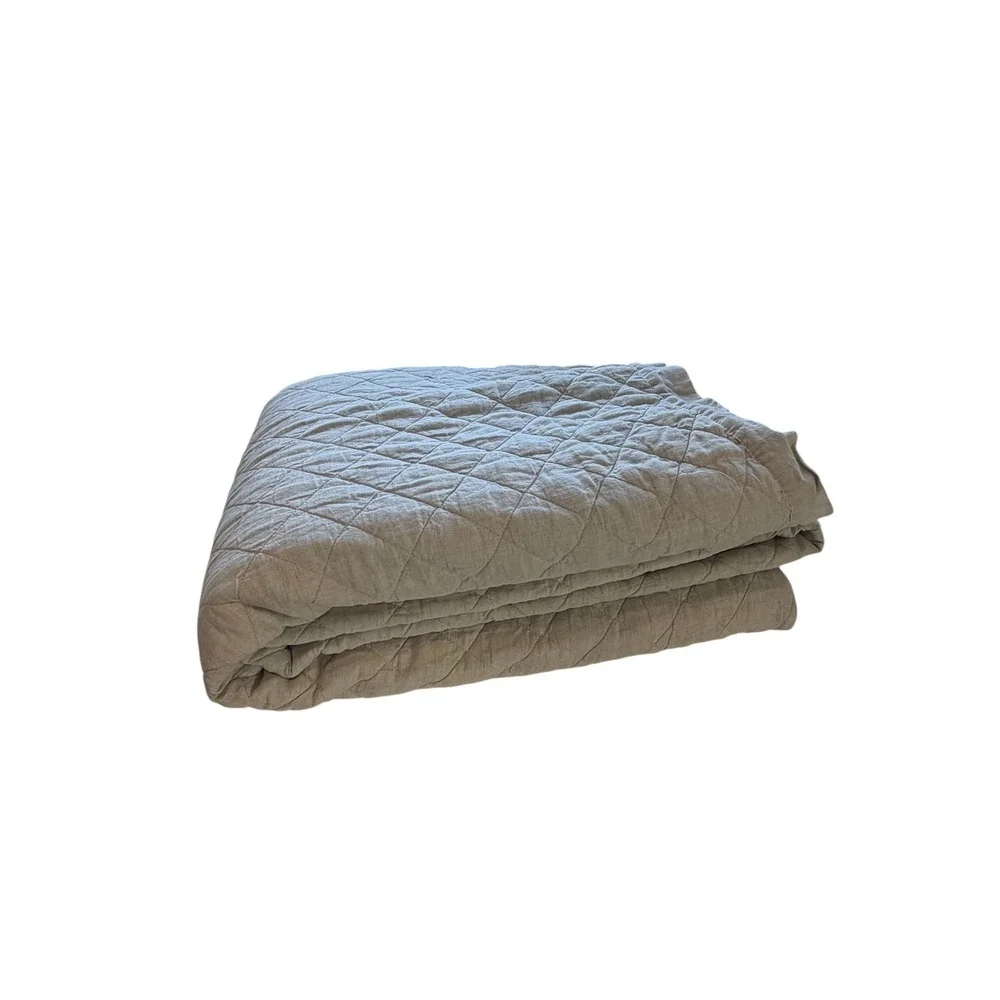 Unbranded Oatmeal Quilted Linen Coverlet Full, Neutral Diamond Stitch Linen